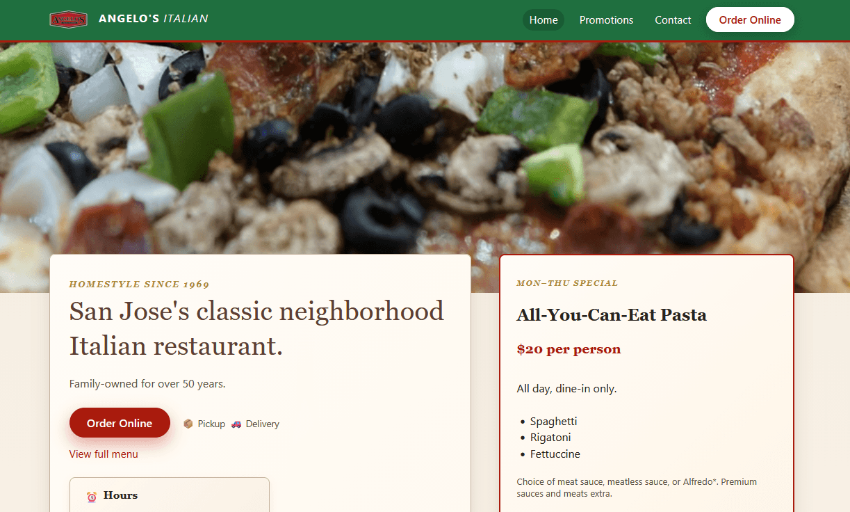 Angelo's Italian restaurant website