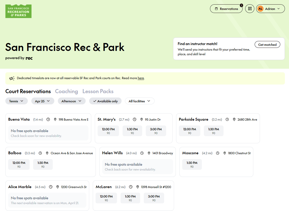 Enhanced tennis court reservation interface