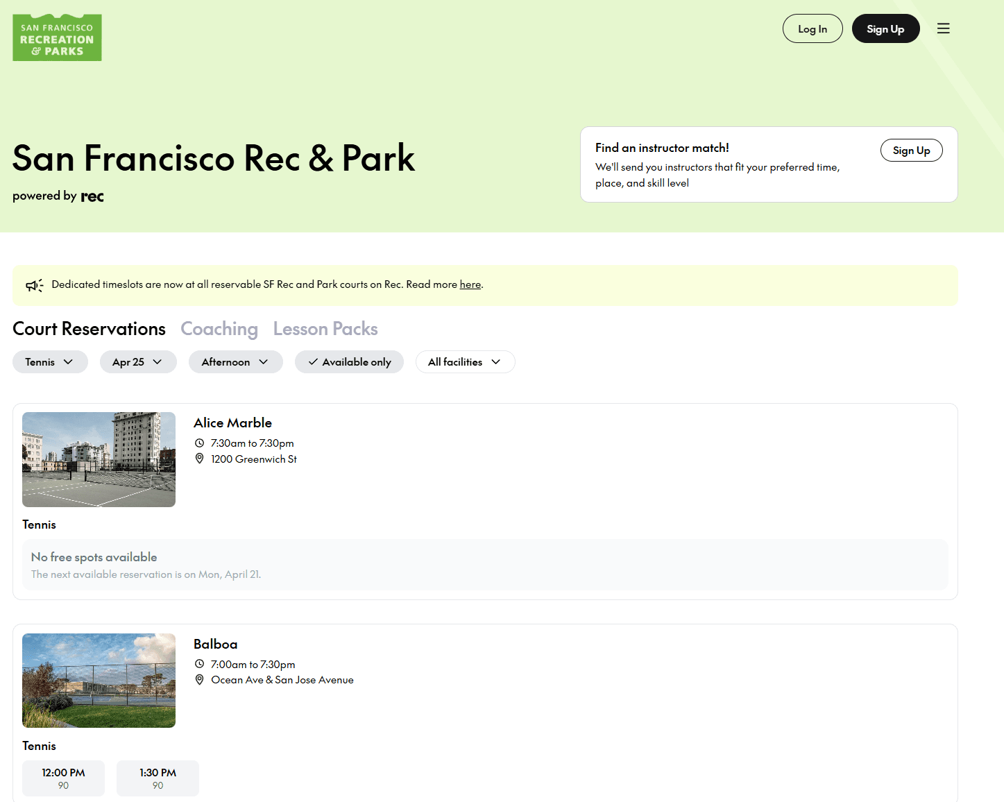 Original tennis court reservation interface